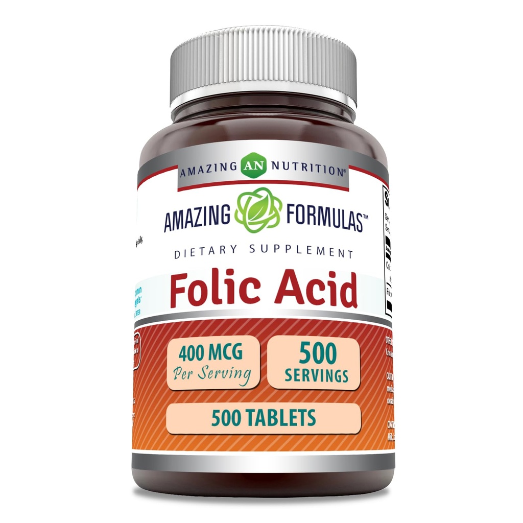 פורמולה מדהימה Folic Acid (Vitamin B9) 400 mcg | טבליות תוספת | Non-GMO | Gluten Free | Made in USA (1 Pack, 500 Count)