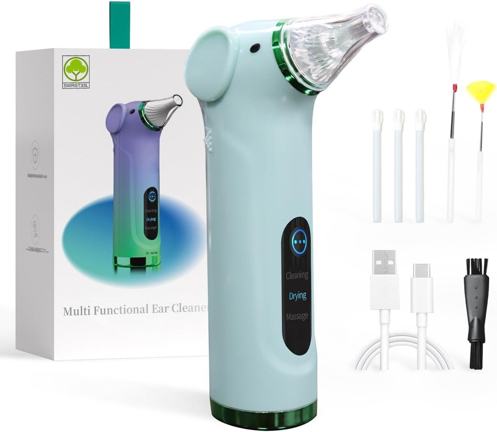 Multi-Functional Electric Ear Wax Removal Tool Ear Cleaning Kit - Drying Ear Canal&Massaging Ear, for Adults and Children (Green)