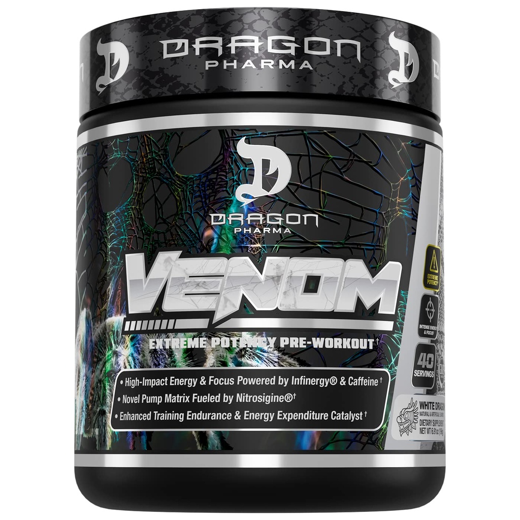 DRAGON PHARMA Venom Extreme Potency Pre-Workout, לייזר Sharp Focus + אנרגיה, Intense Performance, Ingredients for Enhanced Veodilation & Endurance (שרתים, דרקון לבן)