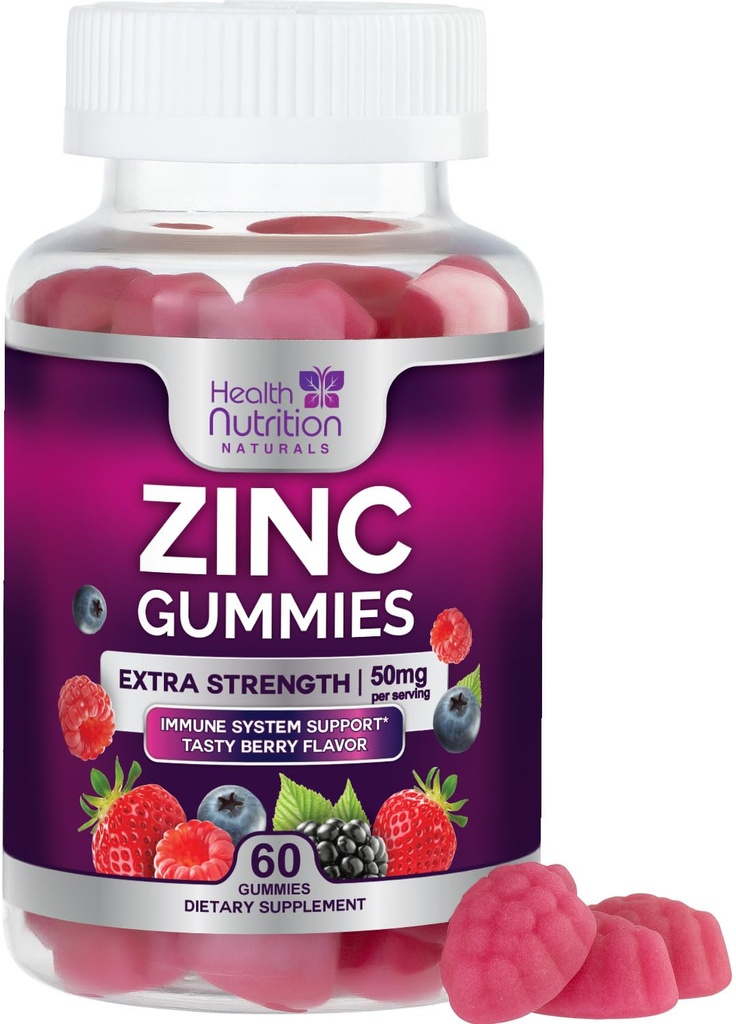 תוספת של 50 מ"ג מסטיקנים - Max Power Skin Health & Immune Support Gummy, טבעוני, non-GMO & Gluten חינם - Best Zinc Pro Antioxidant & Bone Health Chewable Tasty Berry Flavor - 60 מסטיקנים