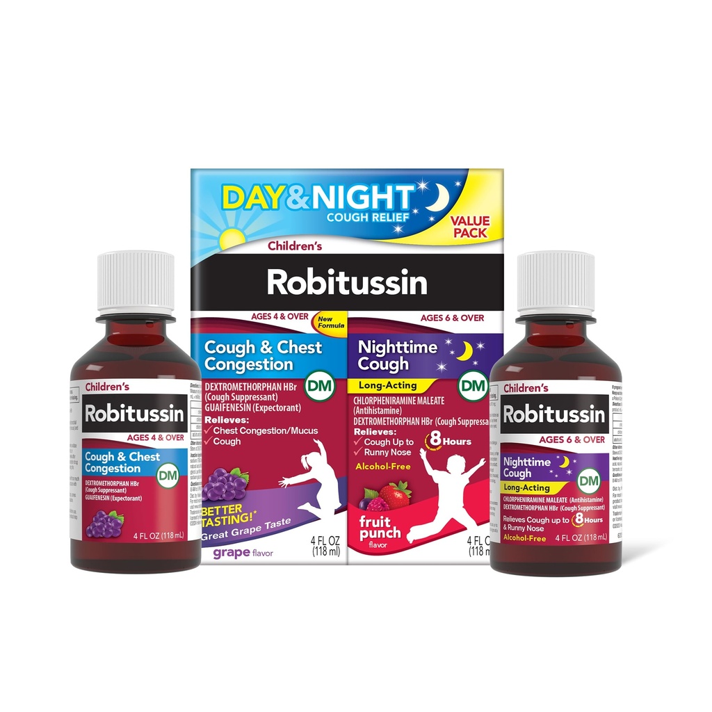 The Children's Robitussin DM Day and Night Cough Relief Pack, Cough Medicine, Grape/Fruit Punch Flavor - 4 Fl Oz X 2