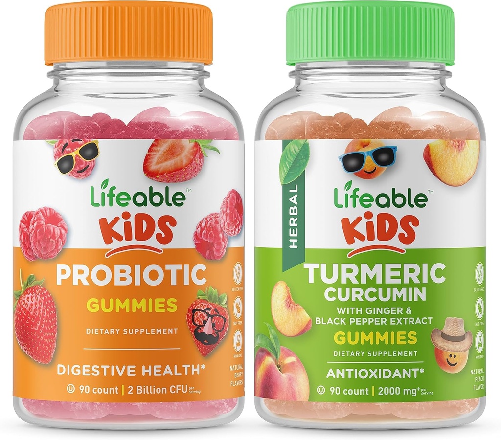 Probiotic 2 מיליארד CFU Kids + Turmeric Curcumin ילדים, חניכיים Bundle - גדול Tasting, ויטמין תוסף, Gluten Free, GMO חינם, Chewable Gummymymy