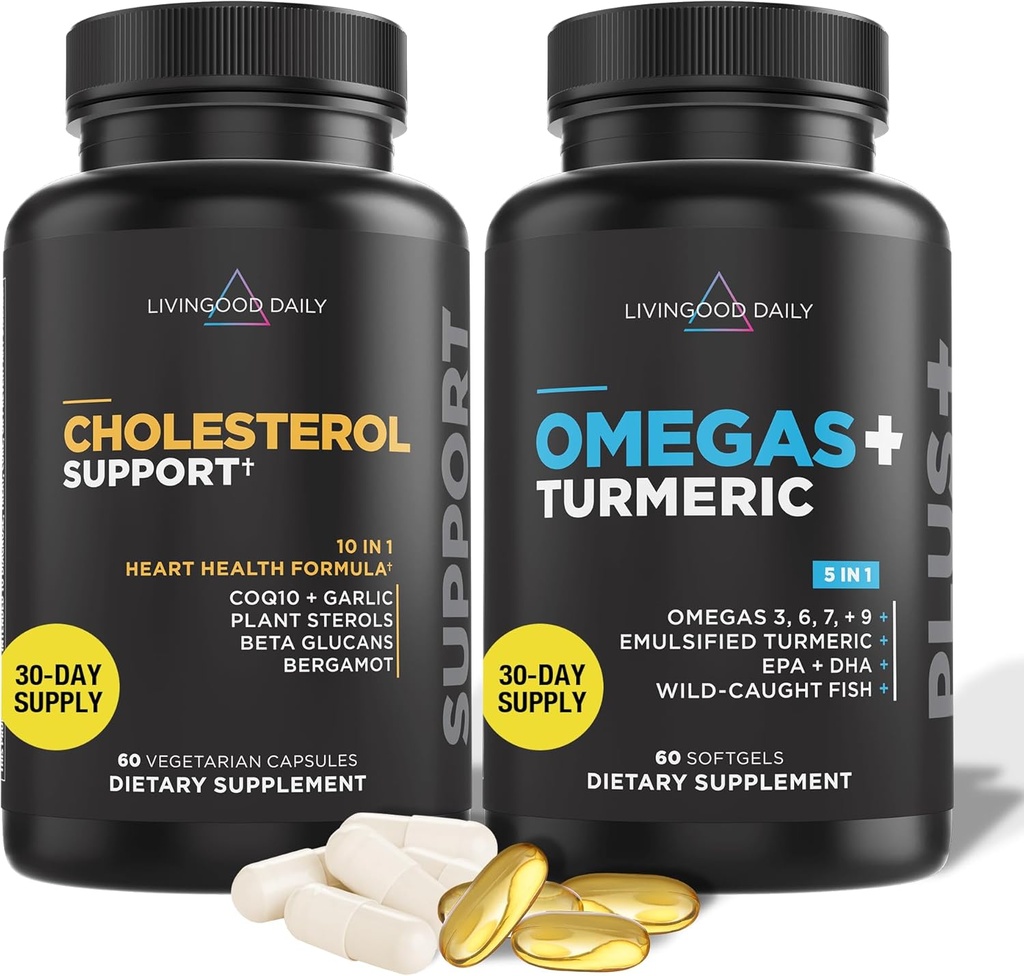 Livingood Daily Cholesterol Support, 60 קפסולות צמחוניות - CoQ10, Plant Sterols, Plant Sterols, Bergamot, & Garlic תוספי תמיכה בריאות הלב & בריאות ליפיד הפקה - non-GMO & טבעוני