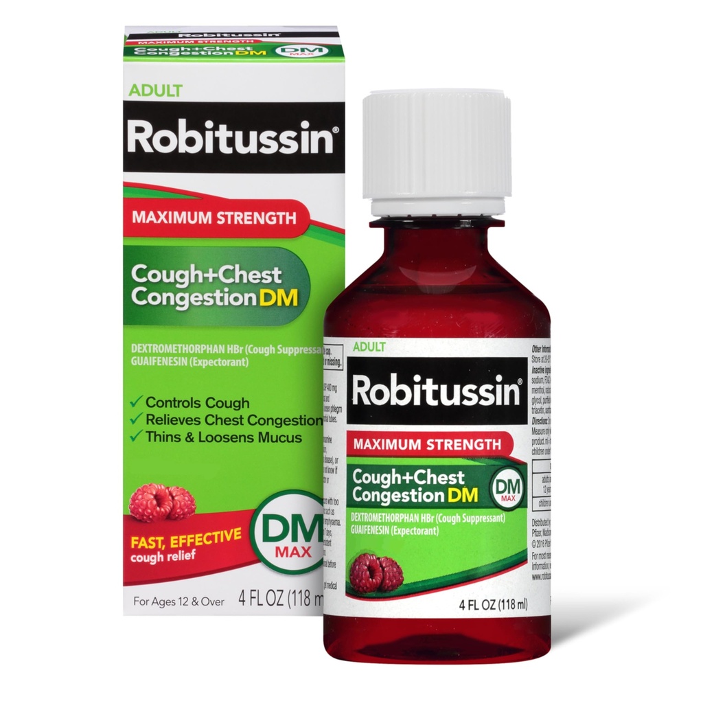 Robitussin Adult Strength Cough + Chestungestion DM Max (4 fl. oz. Bottle), Cough Suppressant & Expectorant, Raspberry Flavor