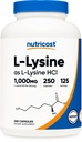 מזון זול L-Lysine 1000 מ"ג, 250 קפסולות - 500mg Per Cap,ten Glu Free, non-GMO