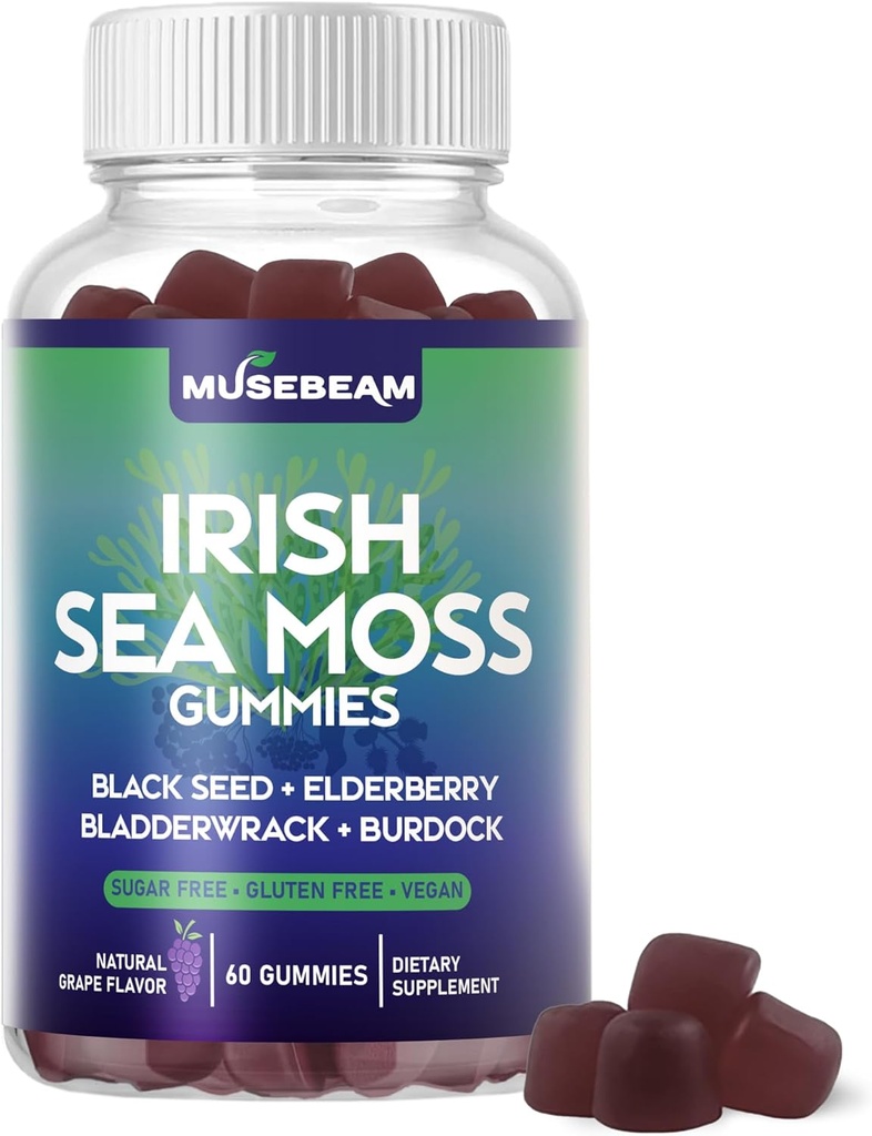 Irish Sea Mosss Gummies - עם Black Seed Elderberry Bladderwrack Burdock Turmeric אומגה 3 ויטמין C D3 Zinc - Seamoss תוספי עבור מבוגרים נשים גברים - סוכר ללא גלוטן חינם