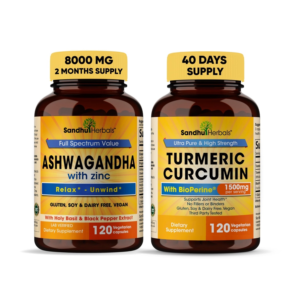 Sandhu Herbals אורגני 4in1 Ashwagandha w / Zinc & אורגני Turmeric Curcumin w / Bioperine Black Pepper לחלץ