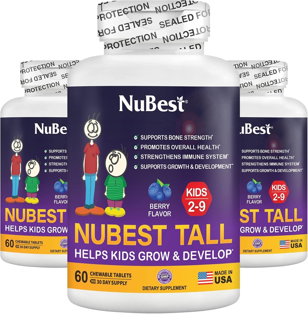 Nu Best Tall Kids - Multivitamins & מינרלים לגיל 2 עד 9 - תמיכה בעצמות העצם ואינטימיות - מסייע לילדים, טומלרס בריא - צורות בעלי חיים - 180 טבליות ברי צ'וכליות 3 חודשים אספקת מזון