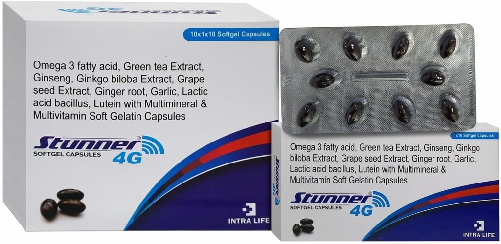 STUNNER-4G SOFTGEL CAPS Inseng לחלץ אבקת 42.5 מ"ג + חיטה גרם שמן 25 מ"ג + Citrus bioflavonoids 20mg + Grape Seed לחלץ 15 מ"ג + טבעי מעורב carotenoids (10% Dispersion)11.33 מ"ג + תמצית תה ירוק + גרלופ ראה לחלץ 15 מ"ג + טבעי carotenoids (10% Dispersion)11).