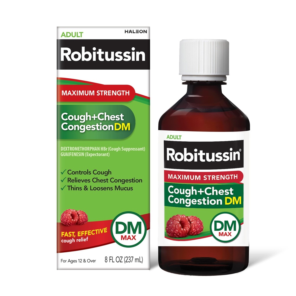 Robitussin Adult Strength Cough + Chestungestion DM Max (8 fl. oz. Bottle), Cough Suppressant & Expectorant, Raspberry Flavor