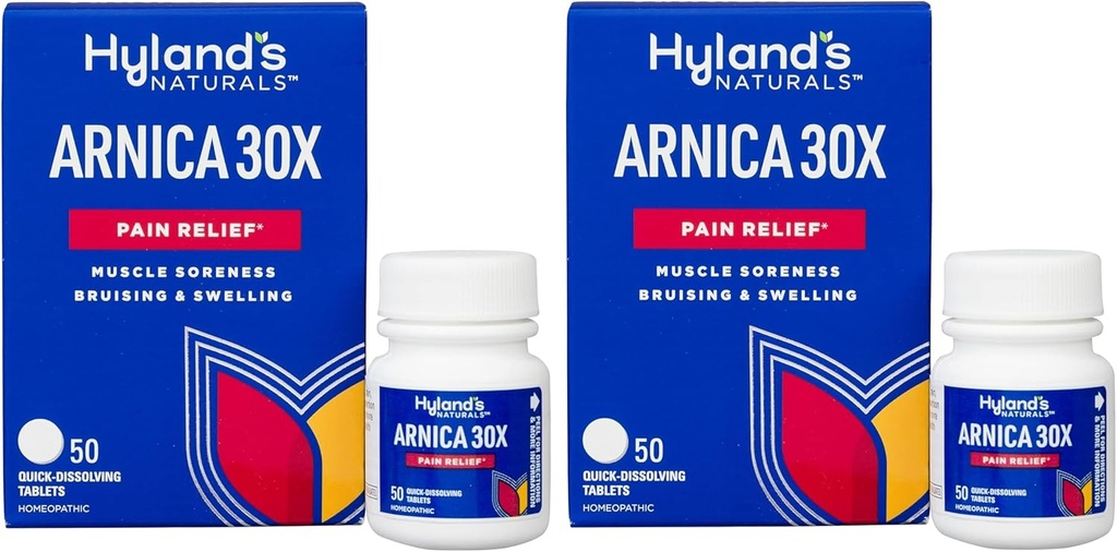 Hyland's Naturals Arnica מונטנה 30x Tablet, סיוע טבעי של Bruises, Swelling & השרירים Soreness, Quick Disshoot Tablets, 50 Count (Pack of 2)