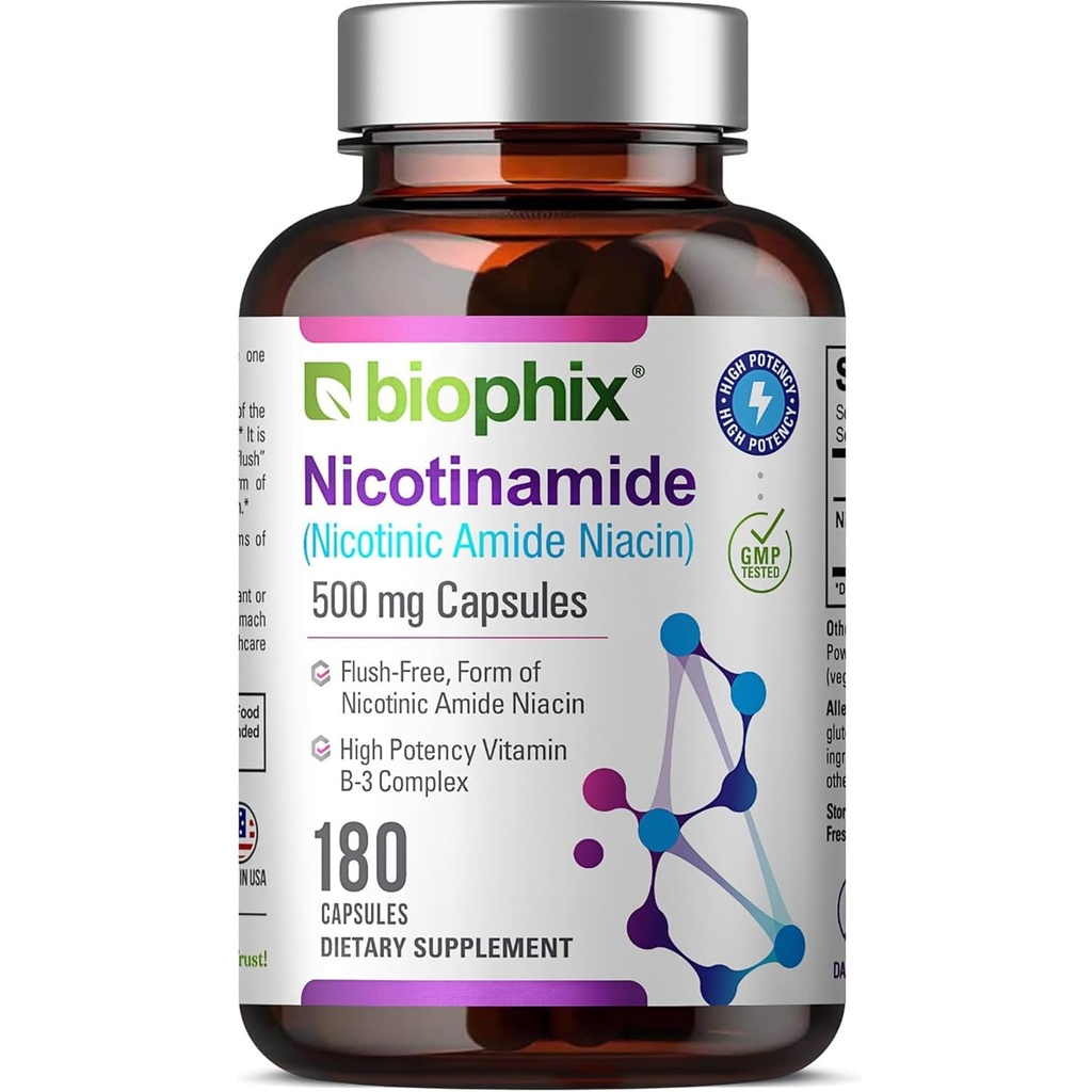 Biophix B-3 Nicotinamide 500 מ"ג 180 Caps - Nicotinic Amide Niacin Natural Flush-Free ויטמין פורמולה - תומך ב- Skin Cell Health