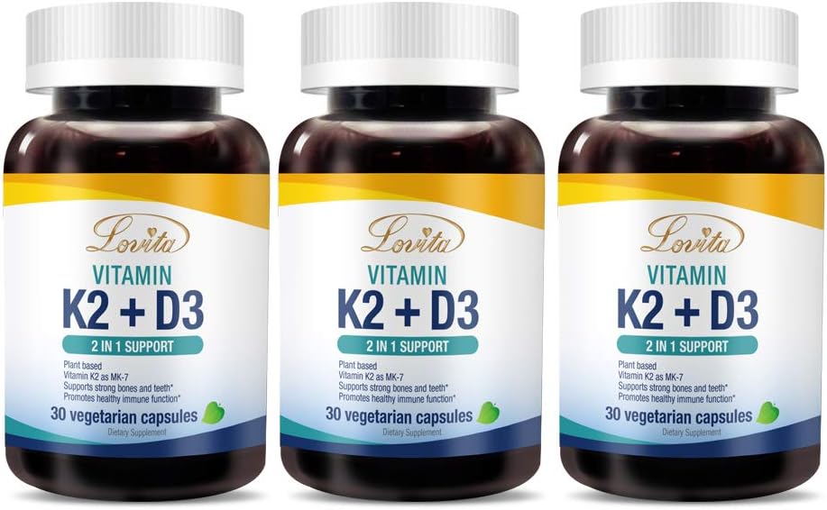 Lovita ויטמין K2 + D3, 400 IU טבעוני ויטמין D3 & 120 mcg ויטמין K2 (MK-7), 2 ב 1 פורמולה, תרכובת ויטמין Immune, תומך הלב, השיניים ותפקוד Immune, 30 קפסולות צמחוניות (Pack של 3).