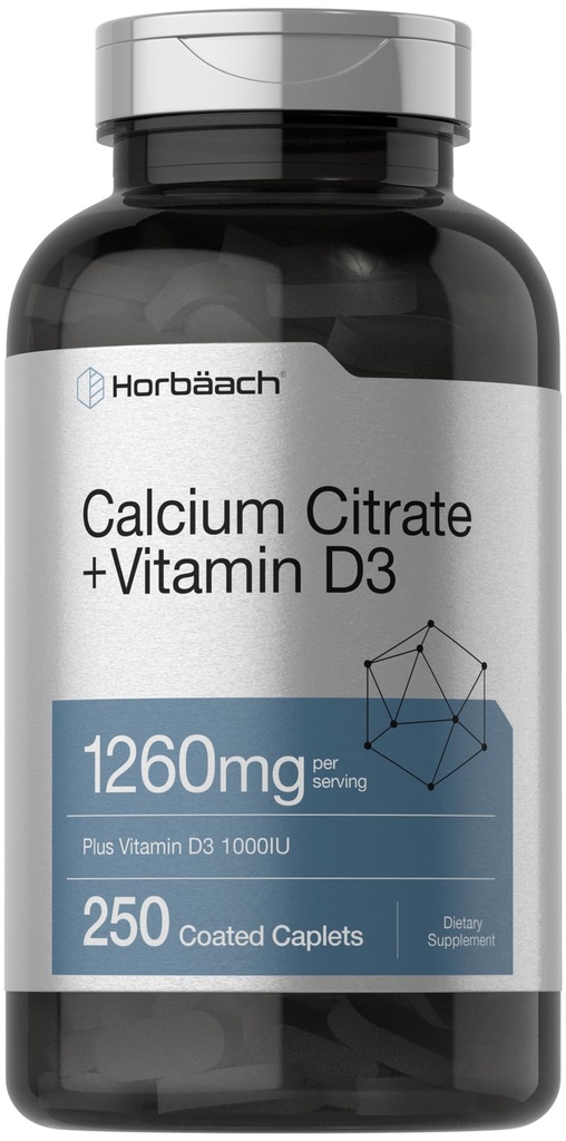 Horbäach Calcium Citrate עם ויטמין D3 | 1260 מ"ג | 250 Caplets | Vegetarian, non-GMO, Gluten Free Supplement