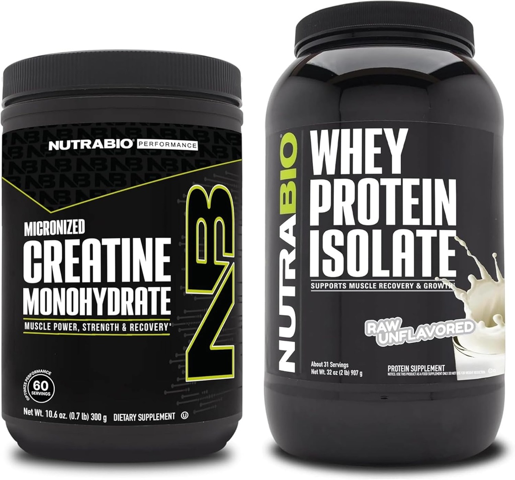 NutraBio Creatine Monohydrate, Unflavored, 300g ו Whey חלבונים Isolate, Unflavored, תוסף Bundle - שריר אנרגיה, Lean Growth, התאוששות וכוח