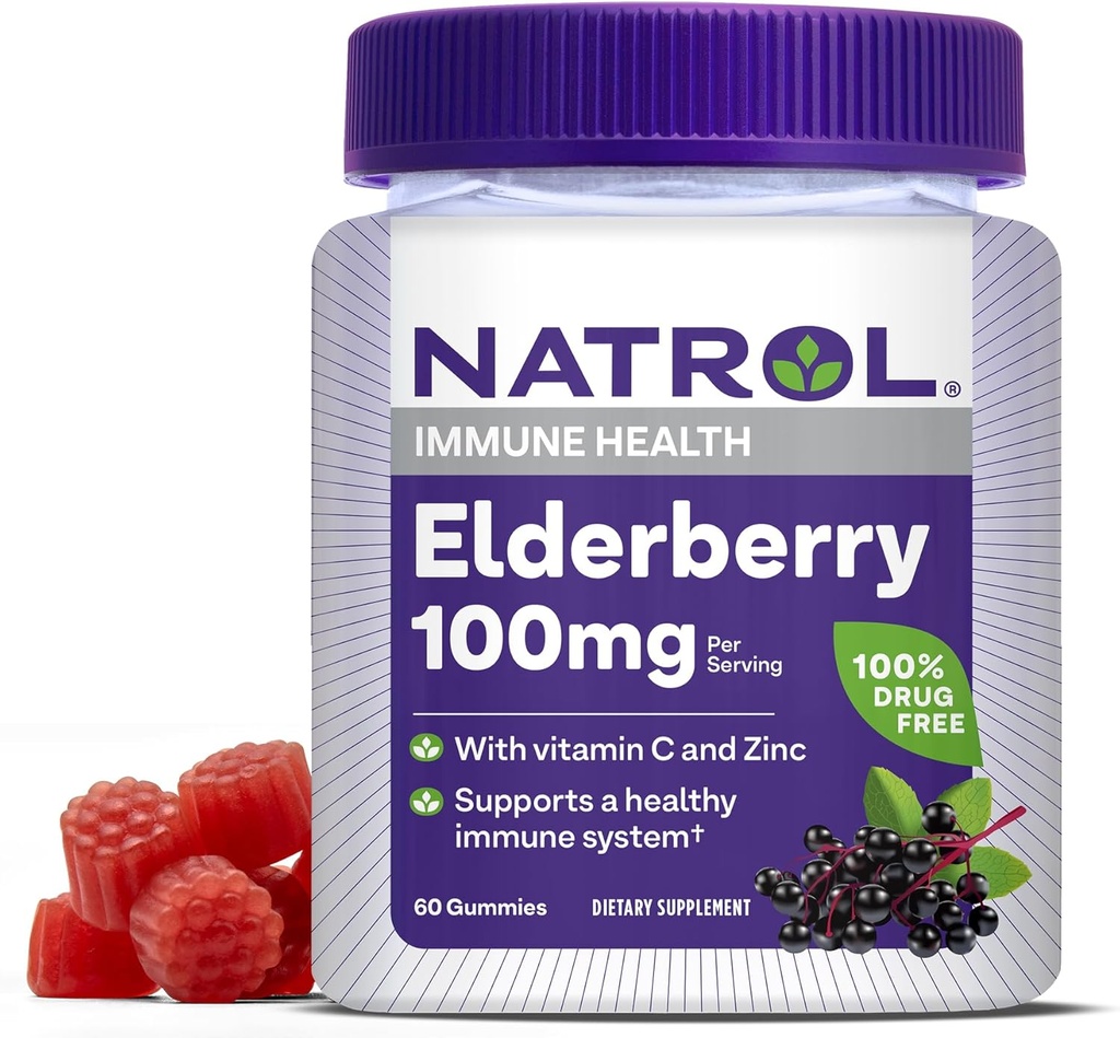 Natrol Elderberry 100 מ"ג חניכיים עבור תמיכה בריאות החיסון, 60 ברי-פלדורד חניכיים, 30 יום אספקה