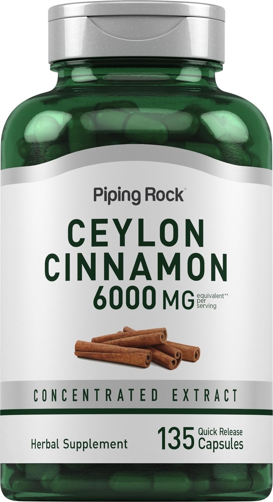 Piping Rock Ceylon Cinnamon קפסולות 6000 מ"ג | 135 Count | הרחבה של Herbal Extractation תוסף עבור גברים ונשים | Non-GMO, Gluten Free Free