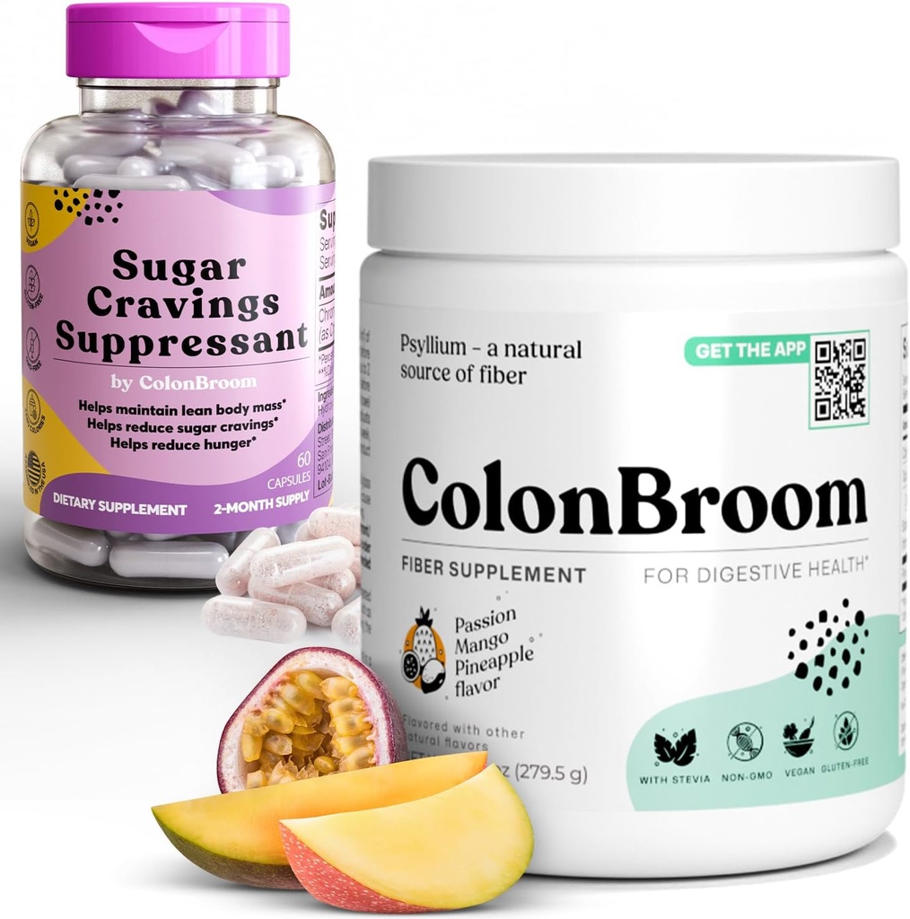 קולון Broom Psyllium Husk אבקת סוכר Craving Suppressant - Chromium Picolinate 200mcg, 2 פריטים - קירור ניקוי סיבים (50 משרתים) + סוכר Craving Suppressant (60 משרתים)