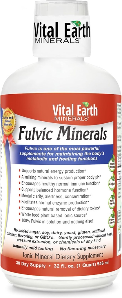 Vital Earth מינרלים Fulvic מינרלים נוזלי - תוסף Fulvic Acid עם 70+ Trace מינרלים, אלקטרוליטים לאנרגיה ו Vitality, 32 Oz + 1 Oz Cup