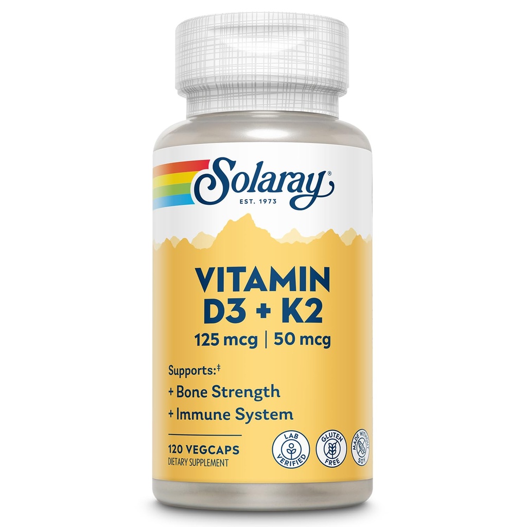 SOLAרי ויטמין D3 K2 - בריאות העצם ו- Immune תמיכה תוספת - עם 5000 IU ויטמין D כמו Vit D3 ו 50 mcg ויטמין K2 כמו Menoquinone MK7, Made Without Soy, 60 ימים להבטיח, 120 הגשה, 120 VegCaps 120 VegCaps