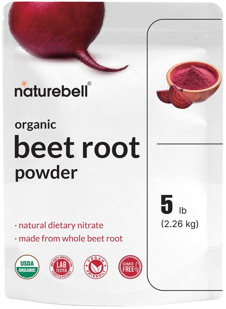 NatureBell Organic Beet Root אבקה 5Lbs | 4000 מ"ג פרי שירות - ריכוז שלם שורש שורש שורש | High Dietary Nitrates - Raw Superfoods - Great for Vegan Shakes & Smoothies - non-GMO