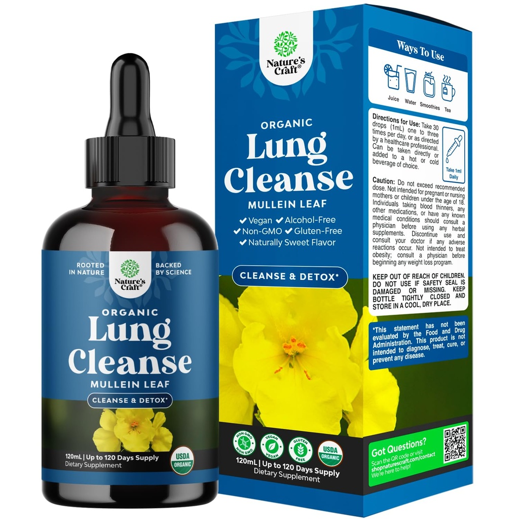 USDA אורגני מולליין טיפות עבור Lungs - Herbal Lung Detox & ניקויse עם Marshmallow Root Extract & Plantain Leaf for Respiratory Lung Health - מולליין Leaf Tincture טיפות עבור הנשימה תמיכה - 120 מ"ל