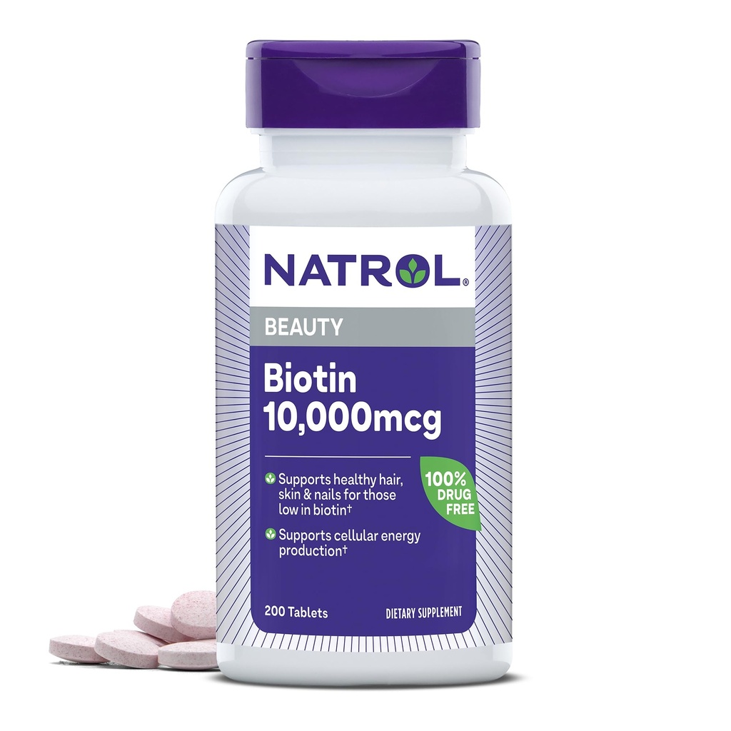 Natrol Biotin 10000mcg, תוספת לשיער בריא, עור וציפורים עבור אלה נמוך ביוטין, תוספת אנרגיה Metabolism תמיכה, 200 טבליות, עד 200 יום אספקה