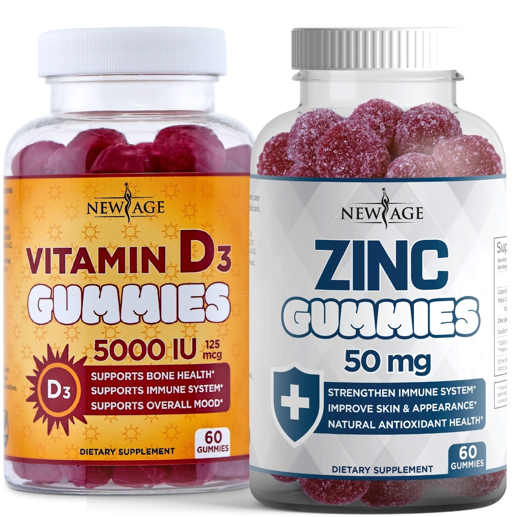 AGE Immune Defense Combo - 2 Pack - ויטמין D3 Gummies 5000 IU 125mcg & High Potency Zinc Gummies, Immune Booster 120 Count