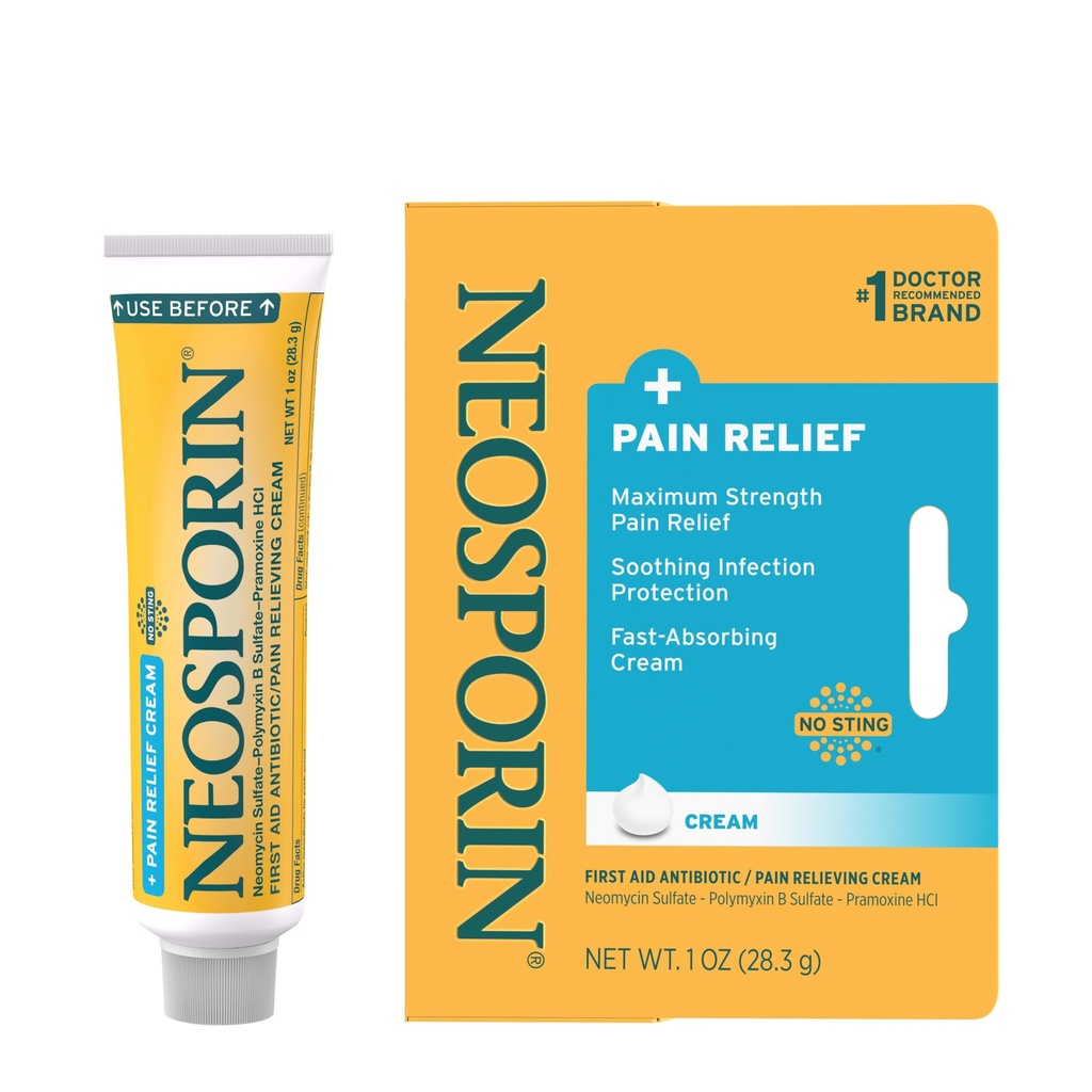 Neosporin + מקסימום-Strength Pain הקלה קרם פעולה כפול, קרם עזרה ראשונה נושאית אנטיביוטיקה ו Analgesic Cream עבור Wound Care of Minor Cuts, Scrapes ו Burns, Polymyxin B & Pramoxine HCl, 1 ozgesic ozgesic Cream