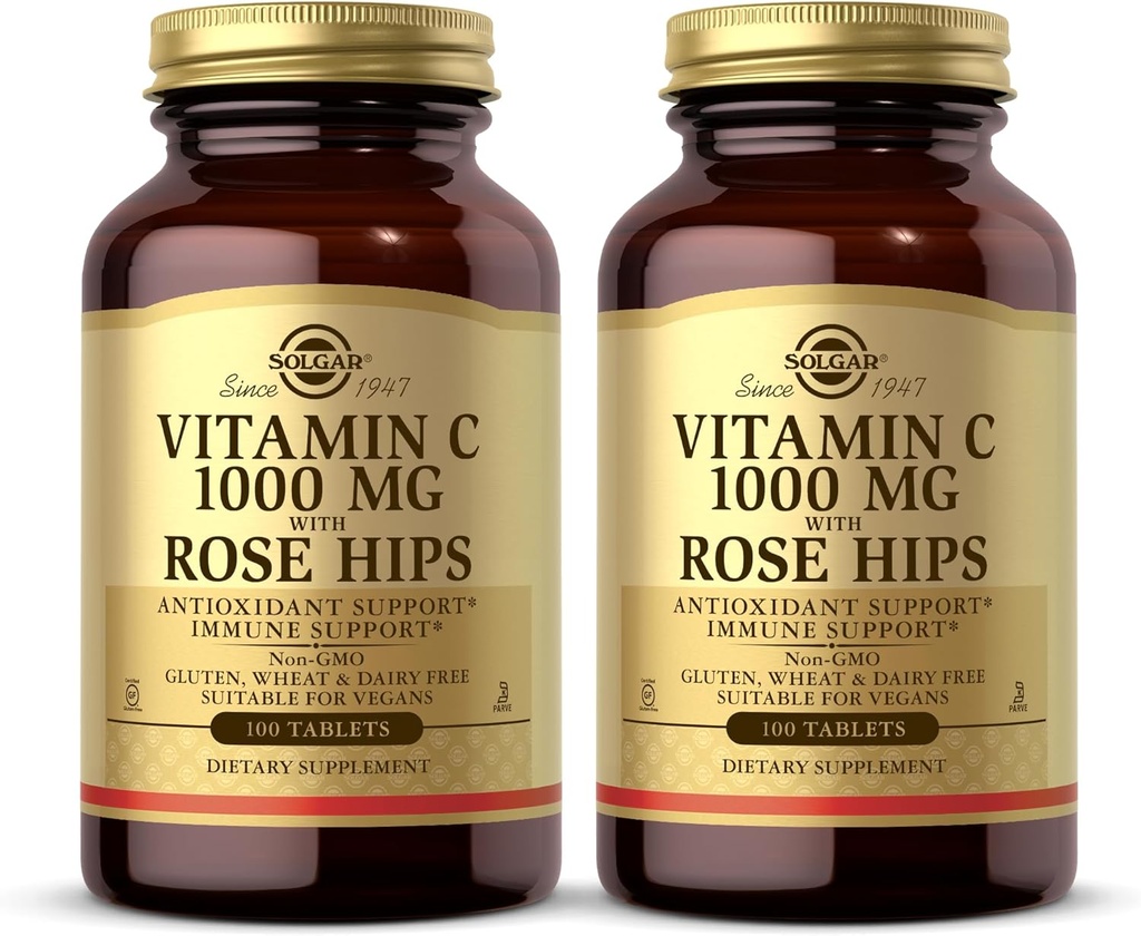 Solgar ויטמין C 1000 מ"ג עם Rose HIPS - 100 טבליות, Pack של 2 - Antioxidant & Immune Support - Non-GMO, טבעוני, Gluten חינם, חלב, כשר - 200 המשרתים Total לשרתs