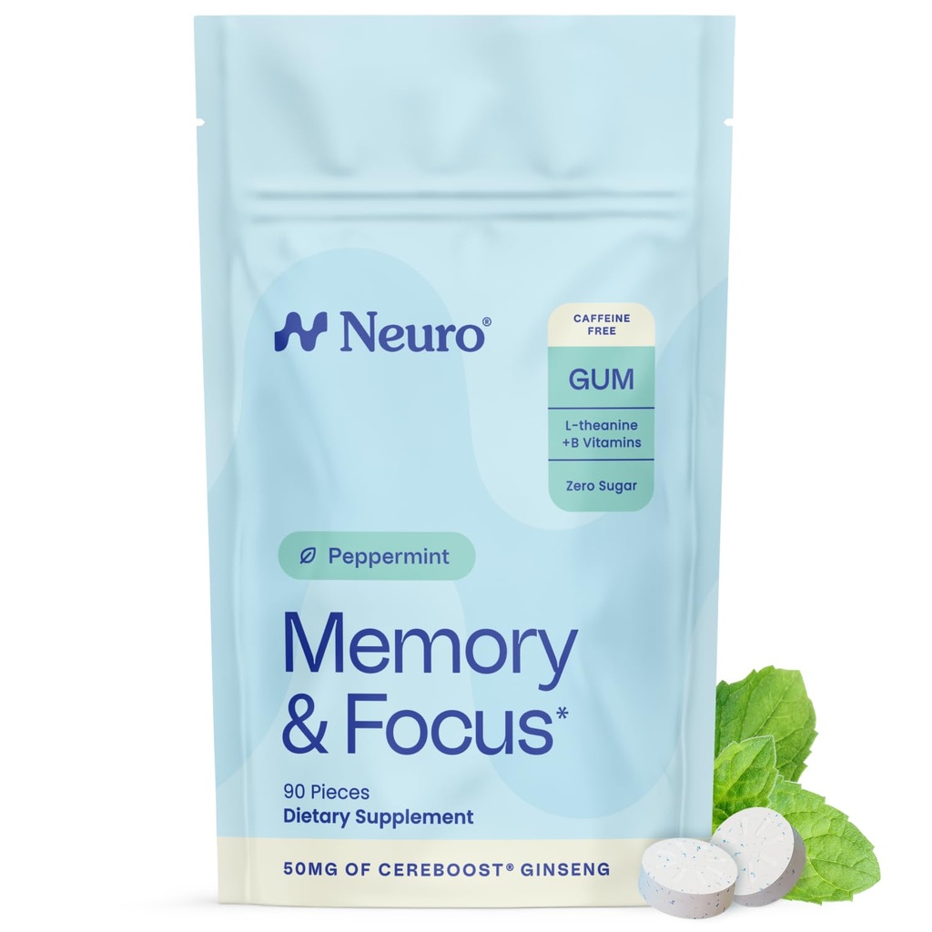 Neuro Memory & Focus Gum - nootropic Gum עם ויטמין B12, ויטמין B6, L-theanine & Geneseng Extract - Natural Brain Support - טבעוני, Caffeine & Sugar Free Chews - Pepperנט, 90 ct