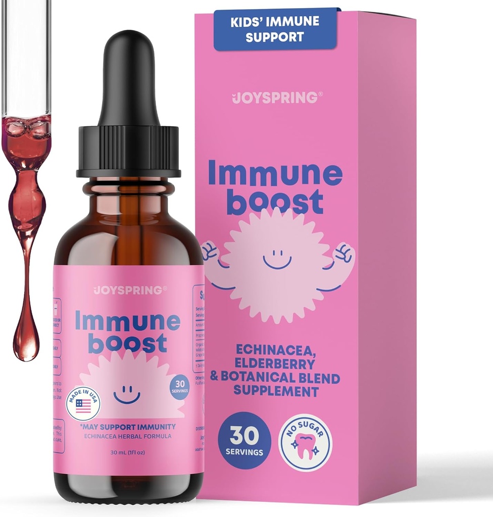 JoySpring Immune Drops - תוספי התמיכה של ילדים (1 floz, 30 משרתים) עם נוזל זקני אורגני, Echinacea, אורגון Grape Root & Orange Peel במשך ימים 2-16+ שנים ומבוגרים
