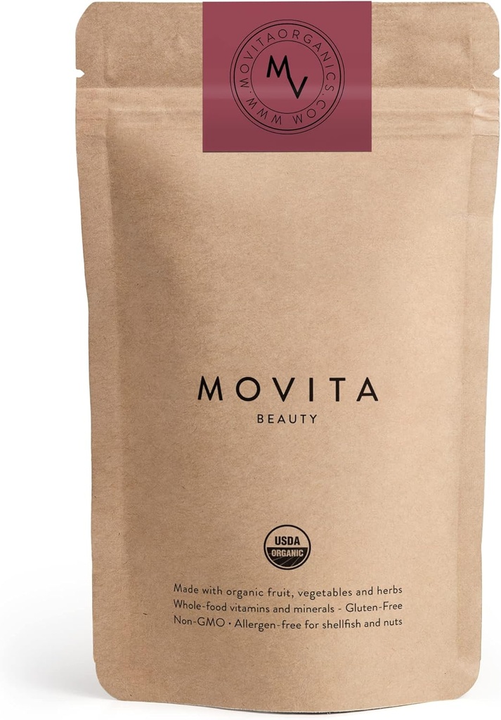 Movita Beauty - מקדם שיער בריא, Skin & Nails עם biotin & Choline - מזון מלא, אורגני, טבעוני, Gluten-Free, non-GMO - 30 יום אספקה (Eco-Friendly Pouch)