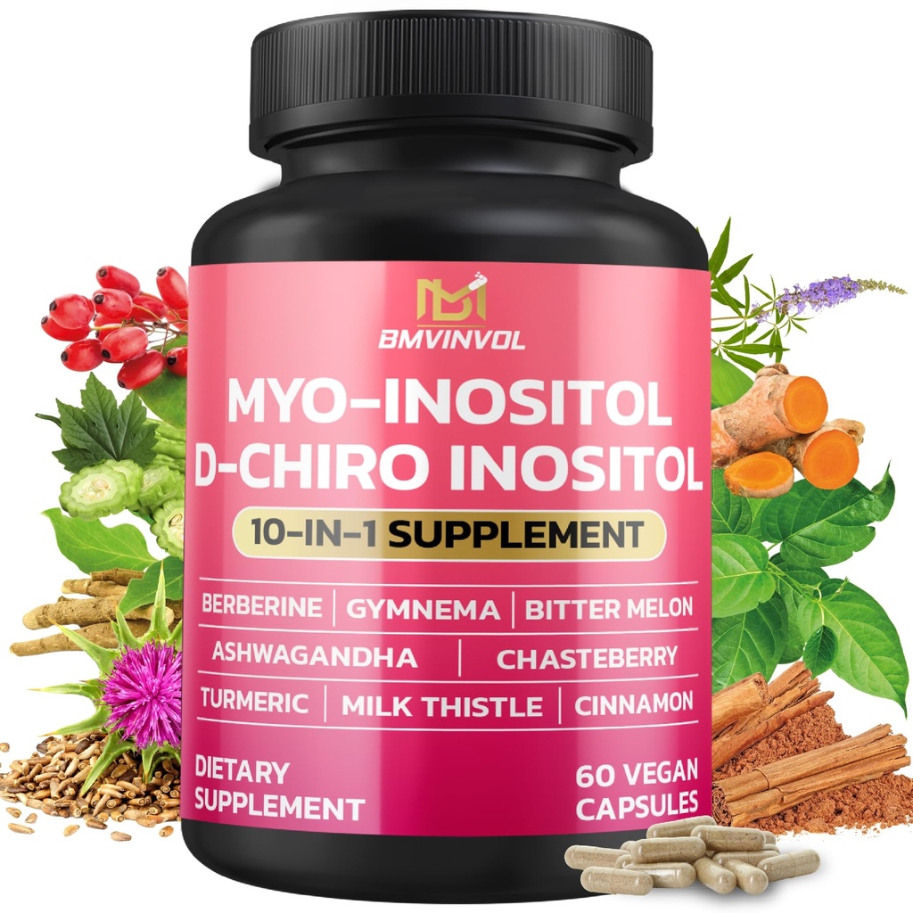 BMVINVOL Inositol תוסף - Myo-Inositol ו- D-Chiro Inositol אידיאלי 40:1 Ratio - Plus Berberine, Cinnamon, Ashwagandha + 5 יותר - 60 קפסולות