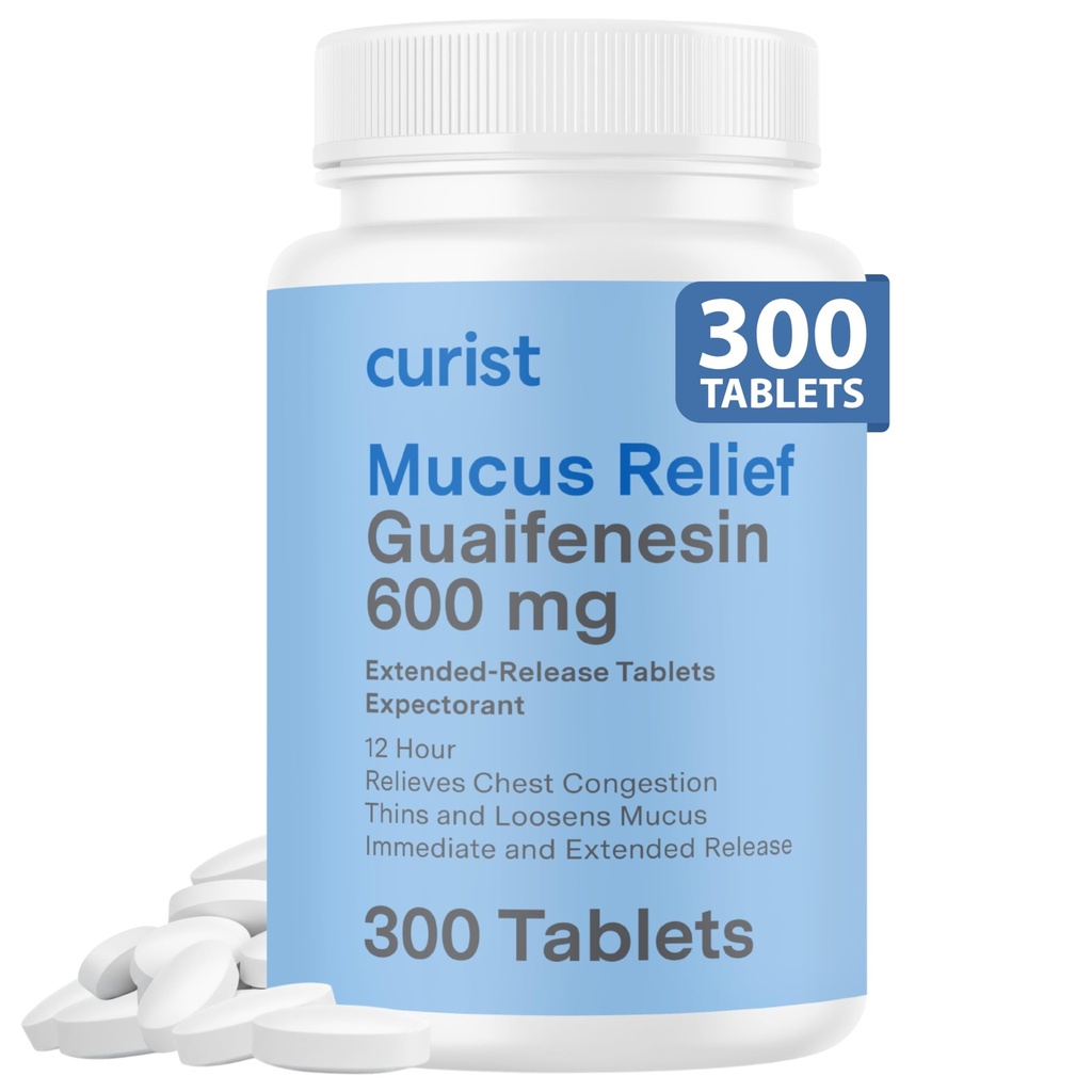 Curist Guaifenesin 600 מ"ג לוחות שחרור מורחב (300 Dye-Free Tablets) - מצפה Mucus הקלה, Generic Guaifenesin 600 מ"ג, (Bulk Pack)