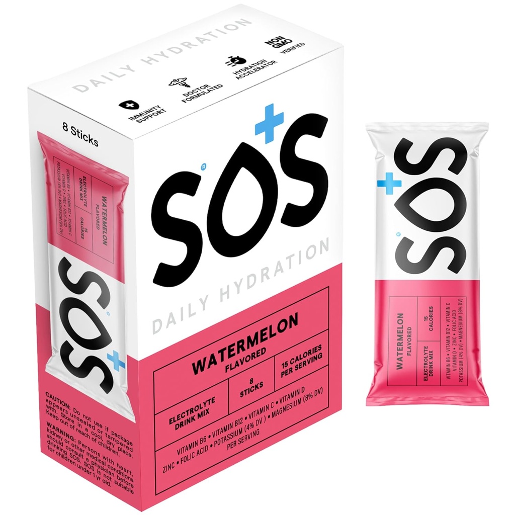 SOS hydrotion Electrolyte אבקת Packets, Watermelon Flavor, 8 Stick Packs - Low-Calorie, Rehydration מהיר, Made בארה"ב, Keto & Vegan Friendly