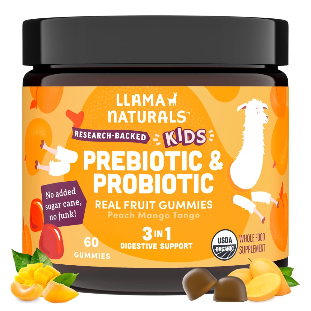 Llama Naturals ילדים פרוביוטיקה עם Prebiotic סיבים, טבעוני, אורגני Prebiotics ו Probiotics for Gut Health Support, טומל ריאל פירות חניכיים ויטמין, לא תוספת סוכר Cane, Peach מנגו, 60 Ct