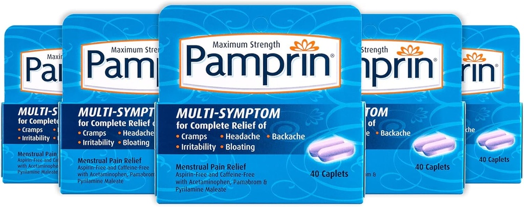 Pamprin Multi-Symptom פורמולה, עם Acetaminophen, סימפטומים תקופתיים Menstrual הקלה כולל Cramps, Pain, Irritability ו Bloating, 40 Caplets (Pack of 5)