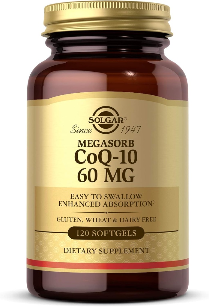 Solgar Megasorb CoQ-10 60 mg, 120 Softgels - Supports Heart & Brain Health - Coenzyme Q10 Supplement - Enhanced Absorption, Easy to Swallow - Gluten Free, Dairy Free - 120 Servings
