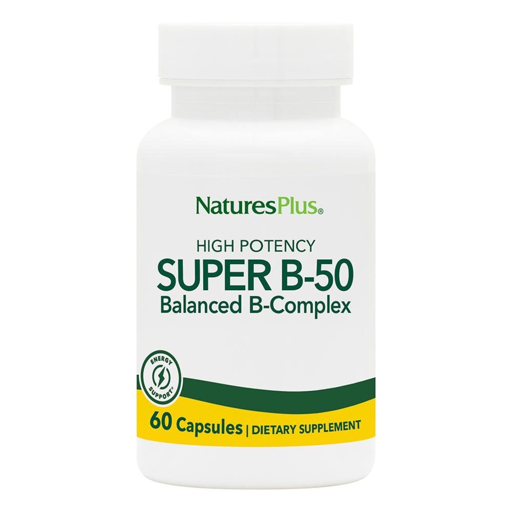 NaturesPlus Super B50-60 קפסולות צמחוניות - תוספי ויטמין B מורכבים - Brain & Energy Booster - Gluten-Free - 60 משרתים