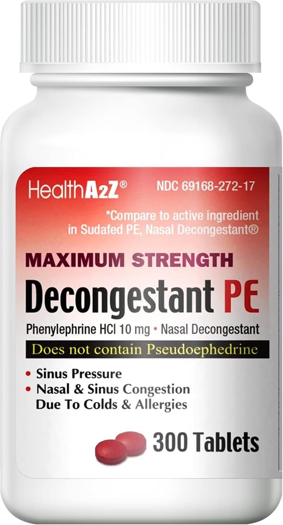 HealthA2Z ®ongestant PE | Phenylephrine HCl 10 מ"ג | כוח מקסימלי | Nasal & Sinus Congestion Relief בשל הקר והאלרגיות (300 Count (Pack of 1))
