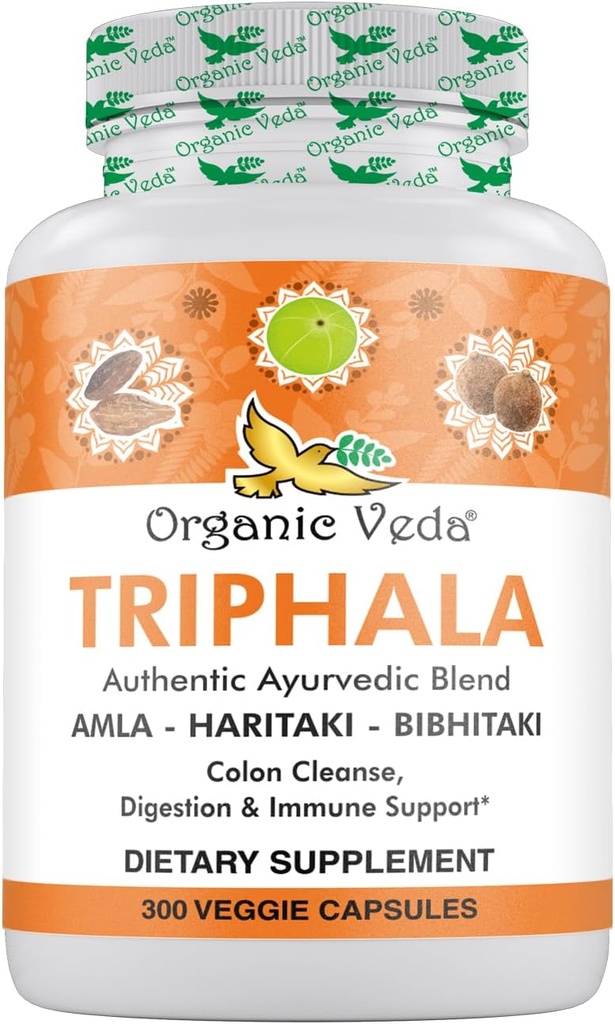 אורגני Veda Triphala אבקה 300 קפסולות, 1000 מ"ג - תוסף אורגני Triphala לניקוי קולון, Immune, Gut & Digestion Health - Whole Green Antioxidants Amla, Haraki & Bibhitaki - גלולות טבעוניות