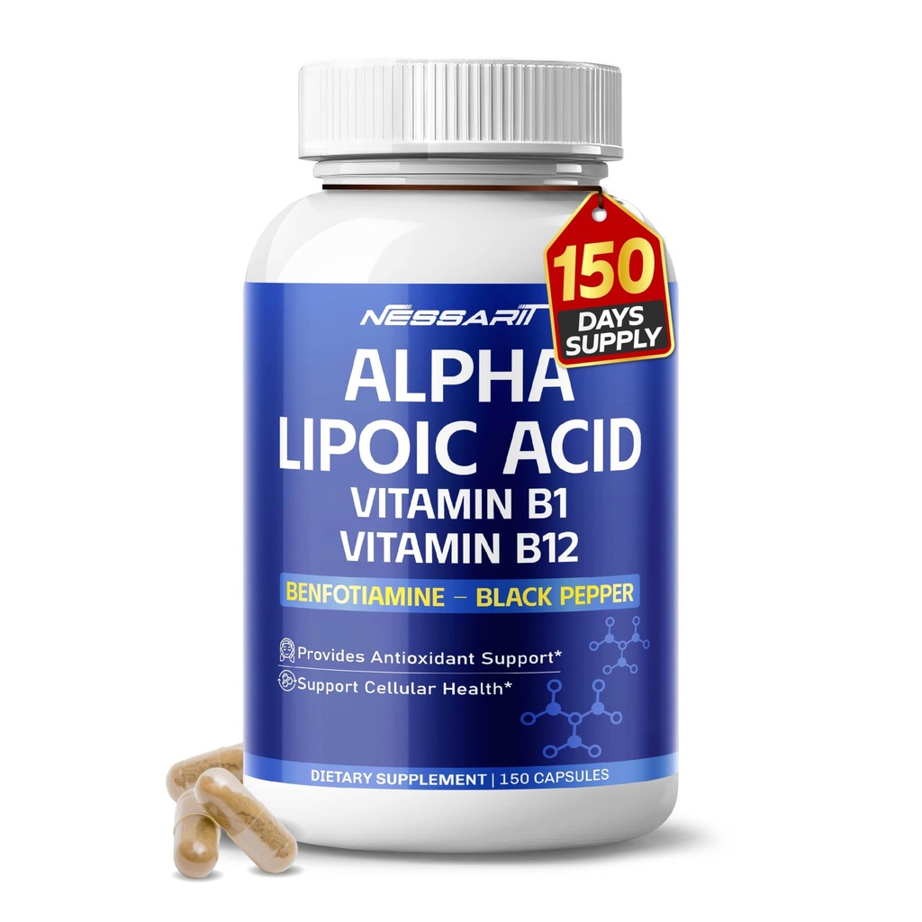 Alpha Lipoic Acid High Potency עם ויטמין B1, ויטמין B12, Benfotiamine, Ubiquinol, Black Pepper - תמיכה סלולרי בריאות - 150 Count - Made & Tested בארצות הברית