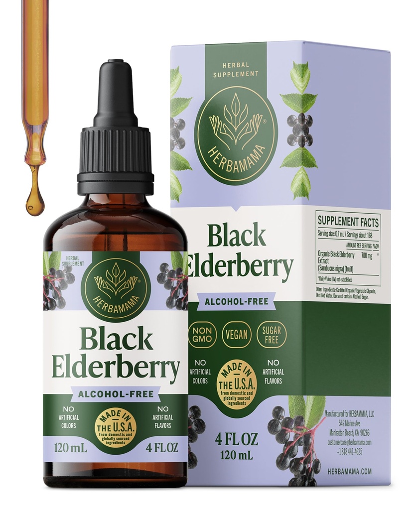 HerBAMAMA Black Elderberry Drops - הפקה אורגנית עבור תמיכה ב- Immune - non-GMO, אלכוהול וסוכר חינם תוספת חסינות, 42 ימים אספקה