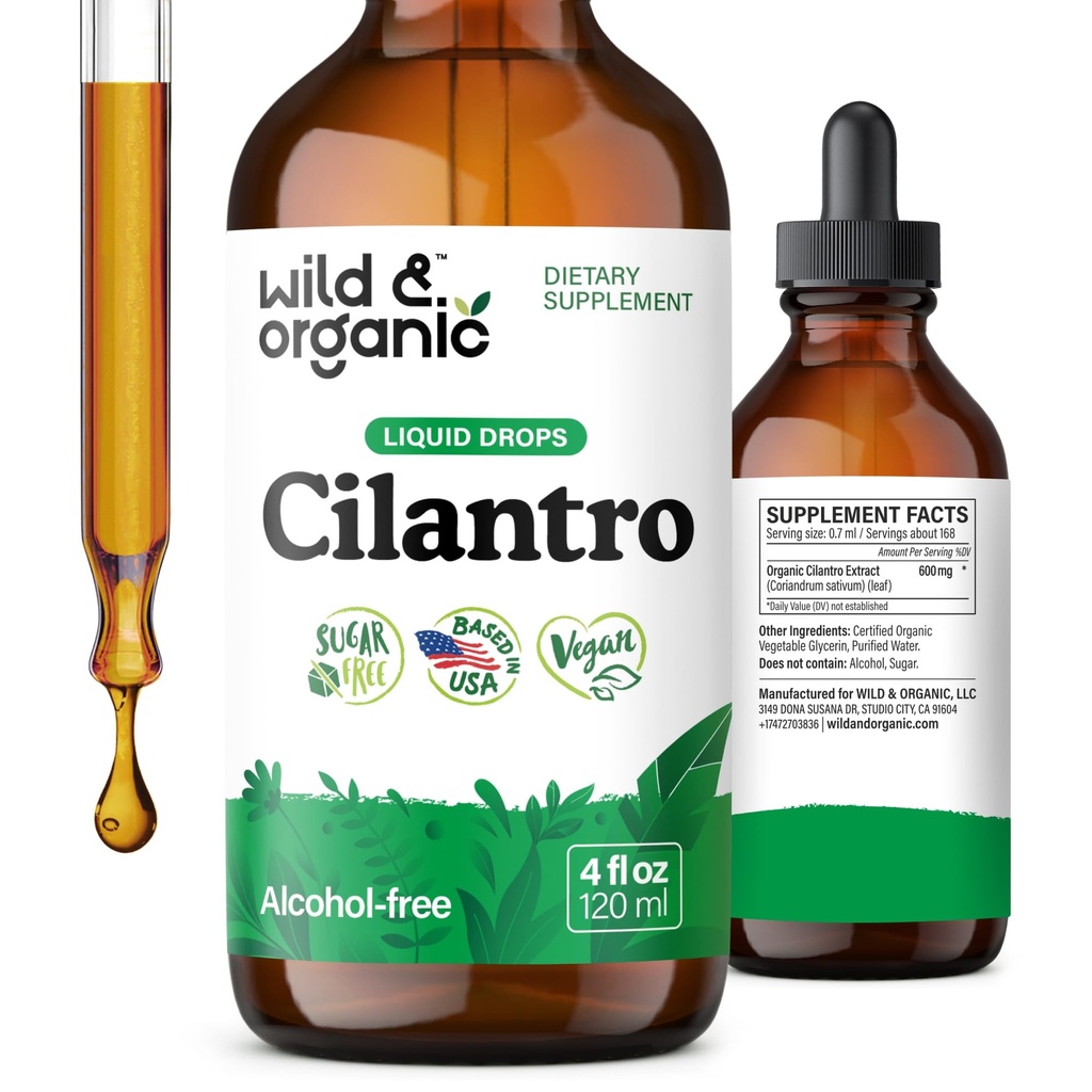 Wild & Organic Cilantro Tincture - Herbal Detox טיפות עם תמצית Cilantro - נוזל קורינדר על - תוספת טבעונית, סוכר ואלכוהול חינם טיפות - 4 oz