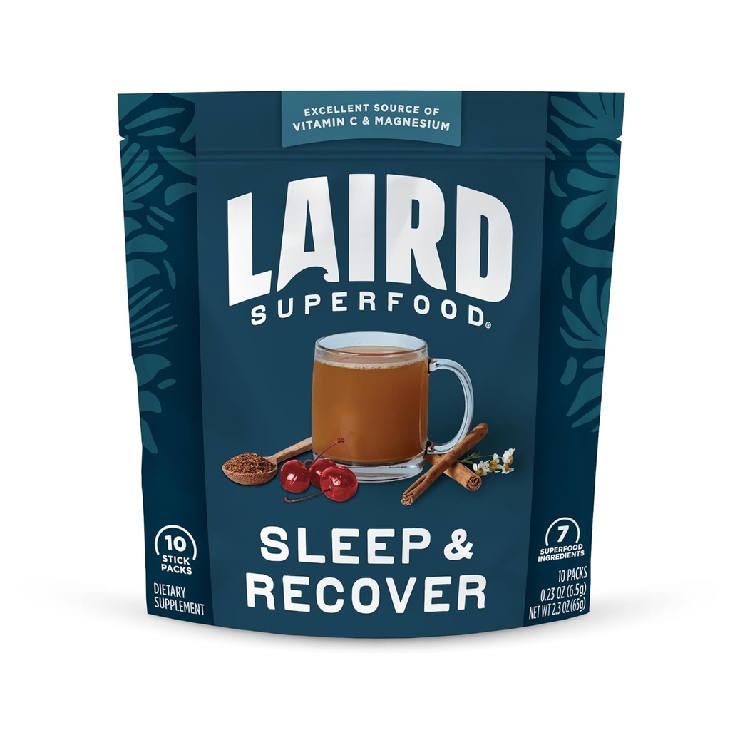 Laird Superfood Sleep & Recover, Bedtime אבקת משקאות Mix Calming תוסף לתמיכה להרגעה ושינה עם Tart Cherry וצ'מומיל, 0.3 Packet, Pack of 10