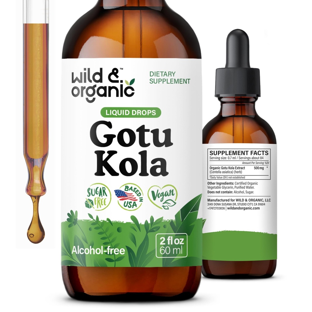 Wild & אורגני Gotu Kola Herb Tincture - תמיכה במוח - Gotu Kola נוזל לחלץ טיפות - טבעוני, סוכר ואלכוהול חינם Centella אסיהtica תוסף - 2 oz