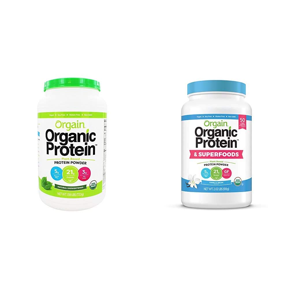 Orgain אורגני צמחי אבקה בונדלה - לא ממותקים, Vanilla Bean ו Superfoods (2 מוצרים)