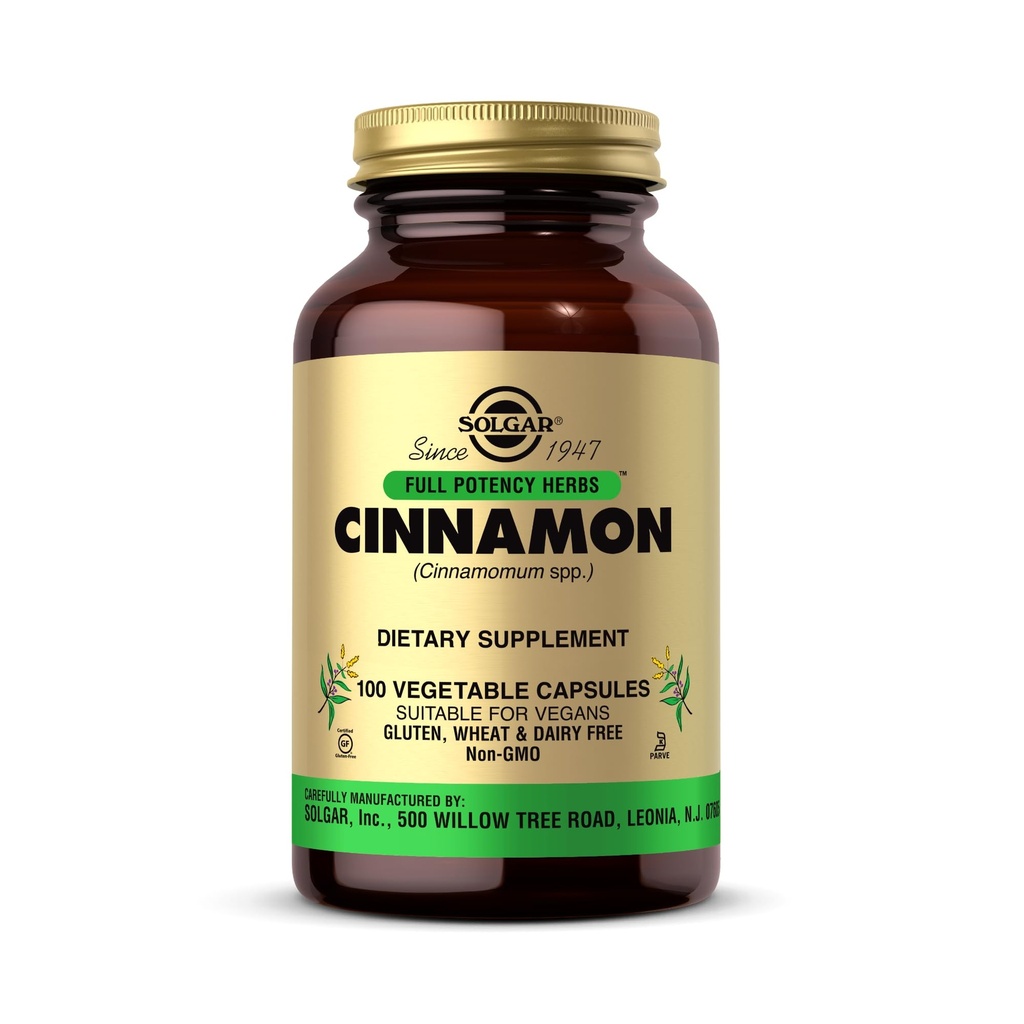 Solgar Cinnamon - 100 קפסולות ירקות - Full Potency (FP) - Non-GMO, טבעוני, Gluten Free, Milk Free, Kosher - 100 משרתים