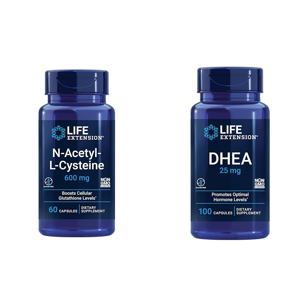 תוחלת החיים N-Acetyl-L-Cysteine (NAC), Immune, Respiratory & DHEA 25 מ"ג - תוספת של איזון הורמונלי, תמיכה חיסונית, בריאות מינית, עצם ו Cardiovascular Health